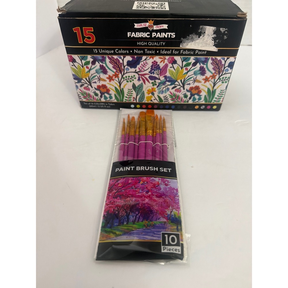 Chalky Crown 15 Color Fabric Paint Set with 10 Piece Paint Brush Kit Non Toxic